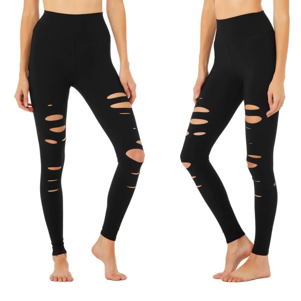 Alo High Waist Warrior Ripped Leggings Small Black Yoga Pants Athletics